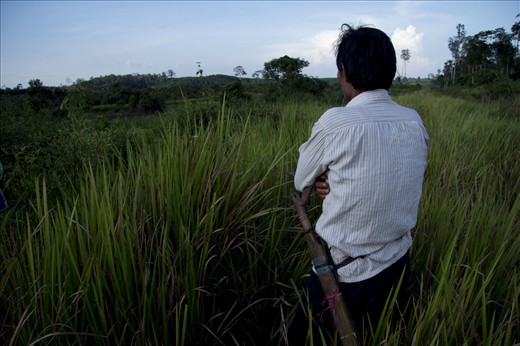 A local resident looking to his own land, the area was appropriated and taken by a palm oil company. In fact, he lives as a farmer. Agrarian conflict between local residents with the company' is common in Borneo. Dealing with power, local residents continue to be victims of the conflict. They were driven away from his homeland.