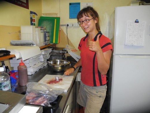 beating the shit out of the bloody steak. most vegan job ever had.