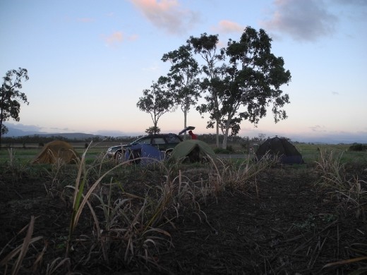 camping in style. motorway infront of us. sugar cane filed behind.