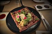 Aburi Beef Carpaccio, AAA sterling silver short rib, pickled wasabi, asian pear, organic hen's egg, jalapeno-garlic ponzu, organic baby greens. Unbelievable.: by mirlingabroad, Views[501]