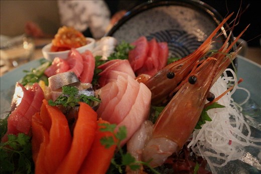 I wish I could remember the different types of sashimi on this plate. Incredible. Sterling ate one of the prawns whole!