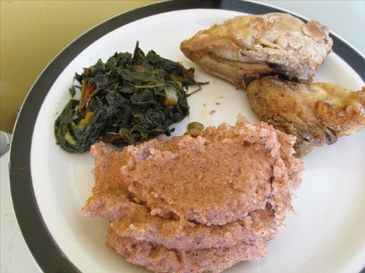 Sorghum meal with bean leaf stew and fried chicken 3