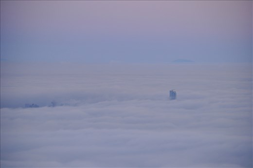 Vancouver's tallest building appear above the fog seeming to slice through it.