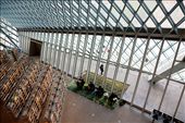 A reading section is full, 4 people concentrate on reading, and a passenger walking through the hallway out side of the library. (Seattle Public Library): by mjohns, Views[730]