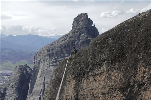 Before his attempt to walk in the stretched line, the high-liner takes a few minutes to focus and relax looking at the horizon.
High line athletes visit Meteora each year from around the world to do what they love the most.. to walk in a stretched line between the sky  and the earth
