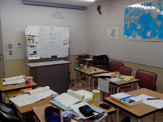 Our classroom (with fancy Kanji explanation at the whiteboard).