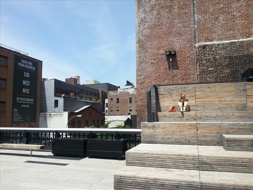 Along the Highline, which is an urban garden built on the former elevated railroad, there are numerous seating areas where people come to enjoy a quiet lunch, or just relax in the summer sun. There was something about the way this lady blended in so perfectly where she was sitting.