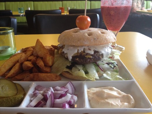 A well-earned burger! I've decided showering can wait; at the end of the ride I just put on my modesty shorts and head straight to lunch.