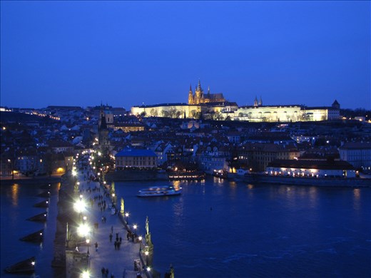 Prague Castle and the Charles Bridge at sunset.
