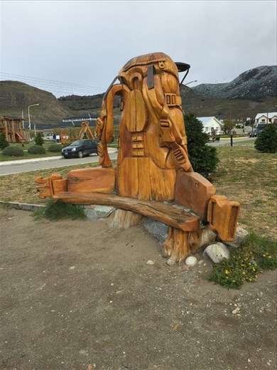 Backpack carved from wood at South end of town