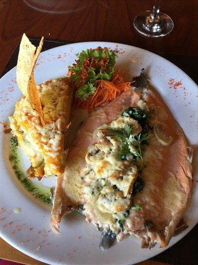 Trout with scalloped sweet potato/potatoes. The only unfortunate part about eating out in Patagonia is the Toronto pricing.