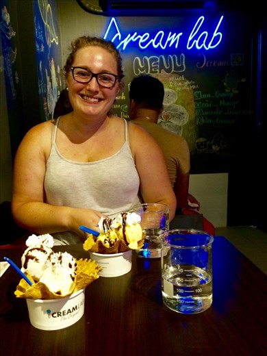 After dinner, we went for a walk and stubled upon a science themed ice cream shop!!! They used liquid nitrogen to make the ice cream and served us water in beakers!  