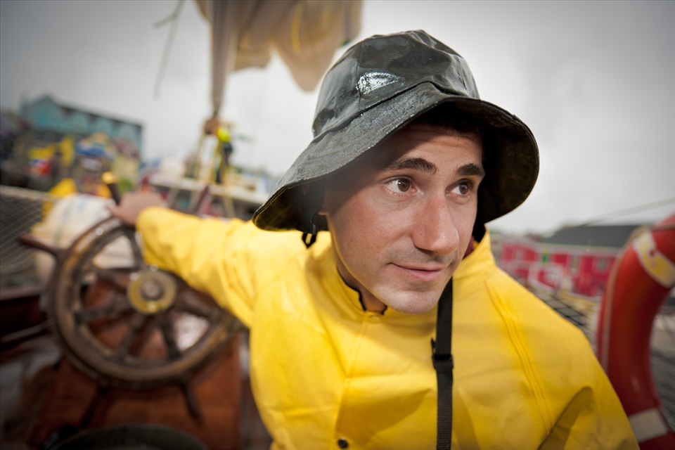 Milton - Capitan of Sail boat. sporting full sou'wester in Lunenburg NS harbour