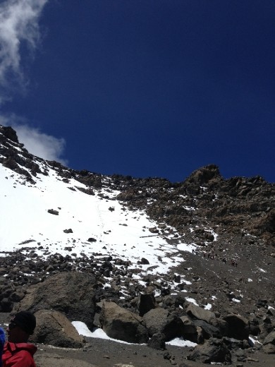 In the crater looking at the last leg of the climb up to the summit!