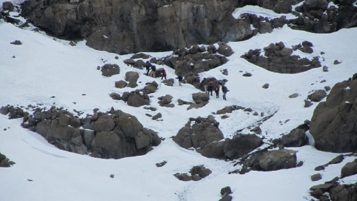On our way up to the summit (Bryan and Matt chose to stay the night in the crater, so they took this photo of the other 5 of us, plus 4 guides, making our way to the summit).