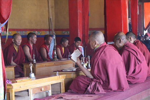 
Monks in Ladakh  live a  life which is very different from others .This photo is of Diskit Monastery also known Deskit Gompa in the Nubra valley founded in 14th century. The monk’s day begins with prayer ( called as Puja in Hindi ) at 4 in the morning.Here are a group of monks praying.
