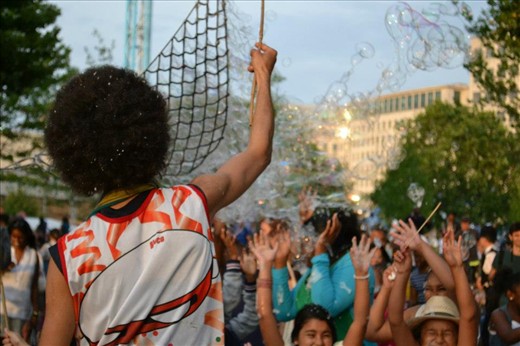 Children's entertainment on South Embankment, London.	