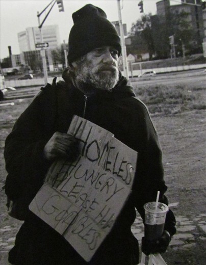 This is Bob he has been homeless for about 8 months now. This is the sign he uses everyday to get money when cars come off the highway. I can say there hasn't been a day where i have not seen bob trying to take care of himself. Every once in a while i get him some wawa.