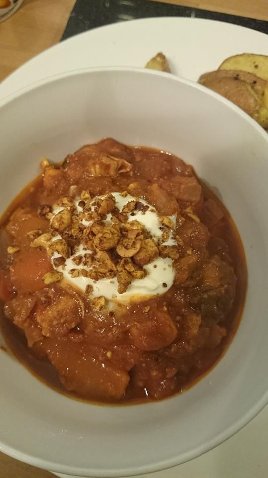 The finished product topped with creme fraiche and nuts!