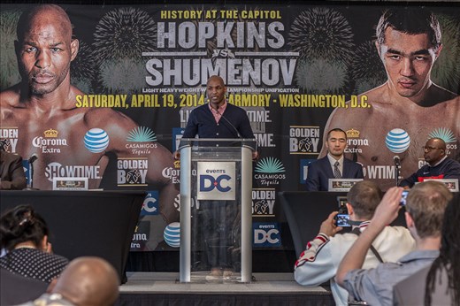 I got the chance to work with D.C. boxing commission, and this photo was to showcase what was going on in front of the podium while keeping the main focus on Hopkins