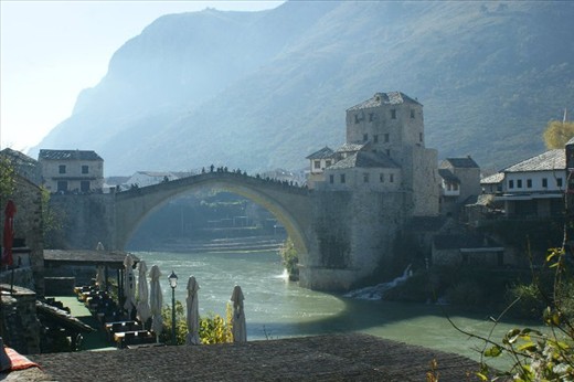 Mostar with its famous bridge. Light and water play perfectly.  