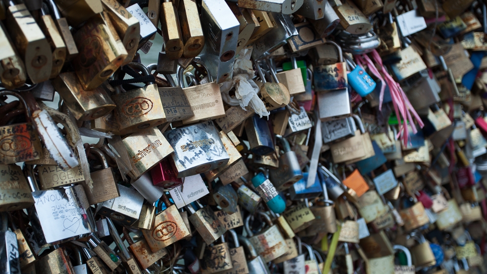 Lovers' locks on the Pont de I'Archeveche Bridge in Paris