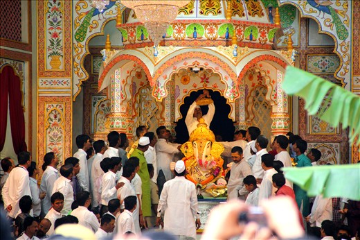 1. I have depicted the Story of Ganesh Festival celebrated in Mahrashtra , India .The ten-day festival starts from the fourth day of the bright half of the lunar month, Bhadrapada and continues till the fourteenth day . The festival became a public celebration 1894 onwards , when The freedom fighter   “Tilak” saw Ganesh  festival a way of uniting people in a common cause and in this manner a possible means of bringing about political consciousness under the guise of a religious celebration, with freedom for India being the ultimate goal. 
The festival starts with installation of Ganpati idol at a place of honour and various rituals take place.  (Photo: Dagdusheth Ganpati Temple, Pune)
