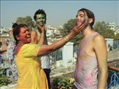 Holi (the festival of colors) - no matter where or how you live, celebrations are for everybody :). Here is Mama ji - the owner of a guesthouse celebrating Holi with two of her guests from Brazil.: by nomad_at_heart, Views[1504]