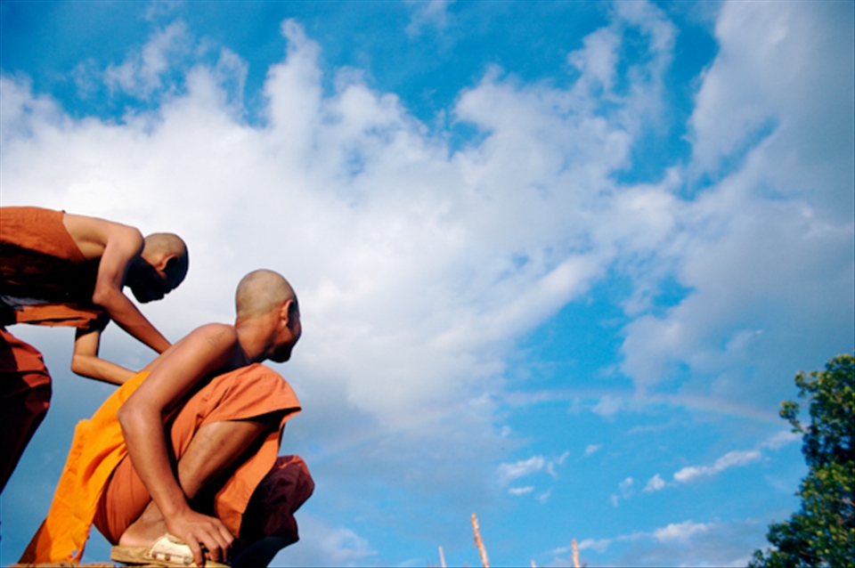 In front of a temple in the village of Tad Lo, Laos.