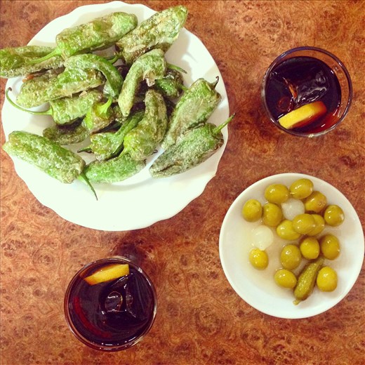 Pimientos de Padrón (fried green peppers); green olives & pickled onions; & vermouth Pimientos de Padrón (fried green peppers); green olives & pickled onions; & vermouth