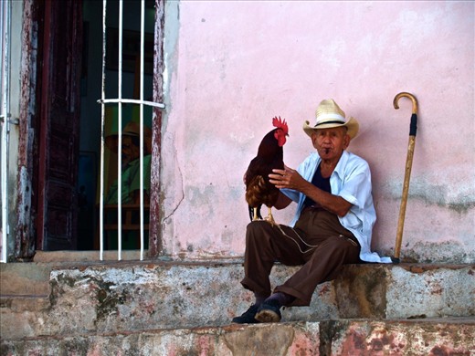 Unlike the dominoes, cockfighting is a violent yet a respected pastime. It runs way back to ancient history of the Cuban ancestors.

I was walking around in Trinidad one evening, and came across this proud man, gently stroking his rooster. 

This shot does not have a lot of objects, but I believe it is a powerful one as it focuses on the intensity of the relationship between the man and his proud crowning glory - his rooster.