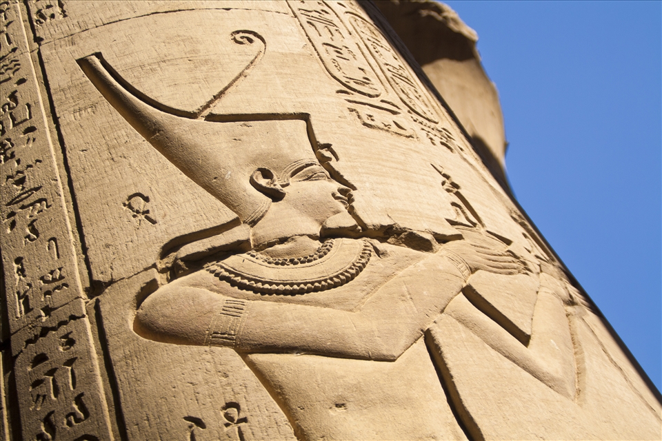 Pharaonic inscriptions on one of the columns in a temple .
