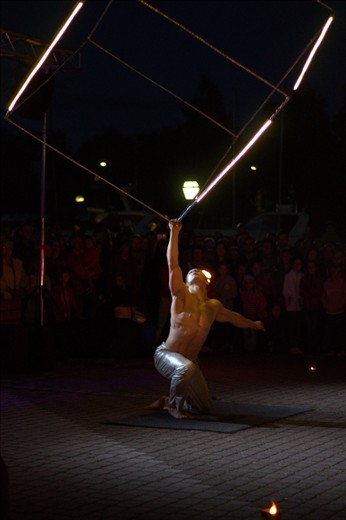 For being a small town Uusikaupunki has numerous events throughout the year to compensate for its serenity and somewhat dull days. The shot is from the end of the Venetian Festival Fire and light show.  The performer has a lit cube for props