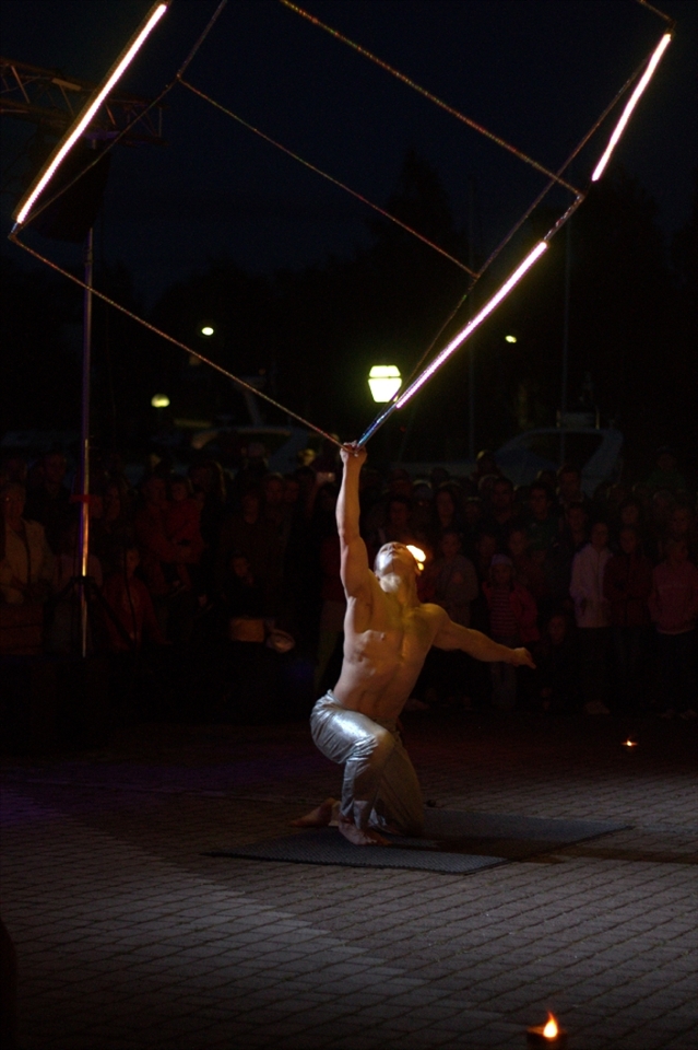 For being a small town Uusikaupunki has numerous events throughout the year to compensate for its serenity and somewhat dull days. The shot is from the end of the Venetian Festival Fire and light show.  The performer has a lit cube for props