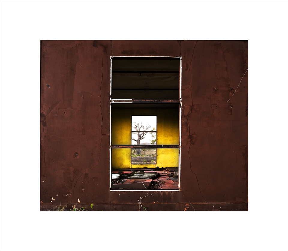 Abandoned Community, this abandoned aboriginal community is riddled with asbestos. the colours are amazing, all the buildings are painted different colours.  The view through the window looks out to a boab tree.