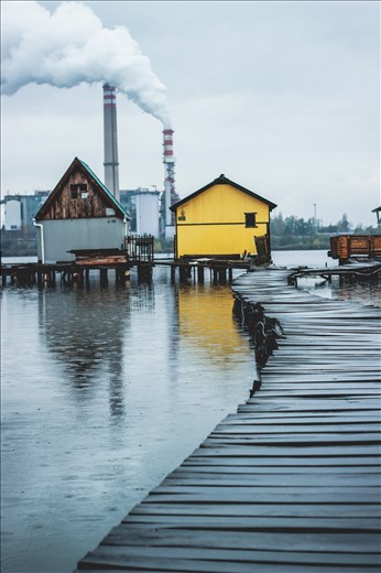 some colorful houses to cheer up the view of the still active factory nearby