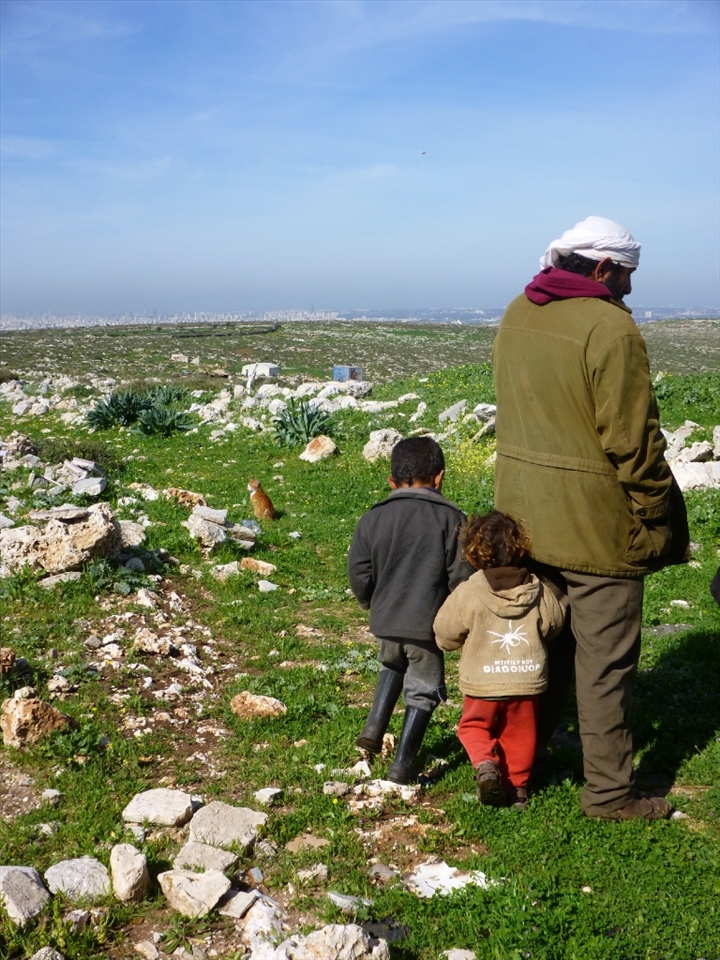 A Bedouin family; nomads who move with their animals throughout rural Palestine. The city on the horizon is one of the biggest in Israel. The hills between his tent and their skyscrapers mark the boundary between Israel and the Occupied West Bank. Indigenous Bedouin, many of whom have already been subject to forced displacement, face a huge threat from Israeli settlers. Land grabs and military construction threaten their traditional herding lifestyles, and they are denied permits to build new homes, even on their own land.