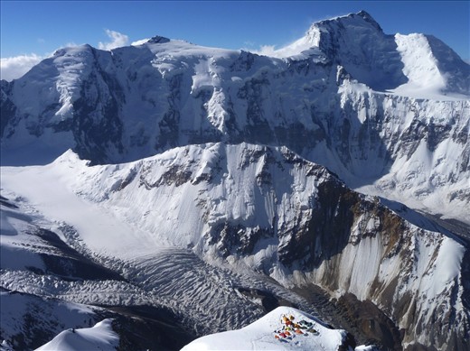 High camp on a ledge on the approach of the summit of Pik Korzhenevskaya (7105m).