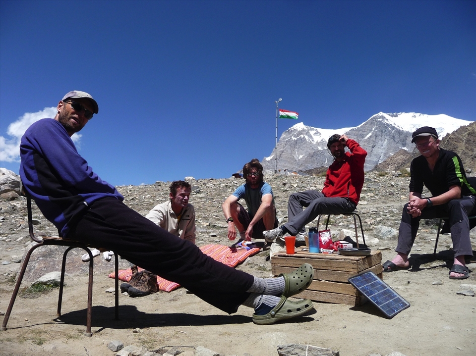 Climbers relaxing in base camp after all having reached the summit.