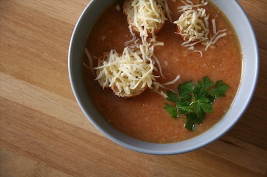 Fish Soup with Croutons, Rouille, and Grated Gruyere