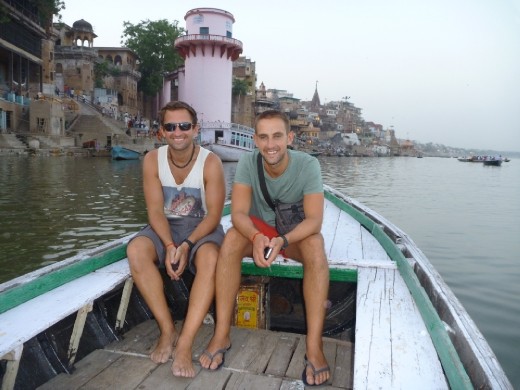 Boat trip at sunset on the river Ganges