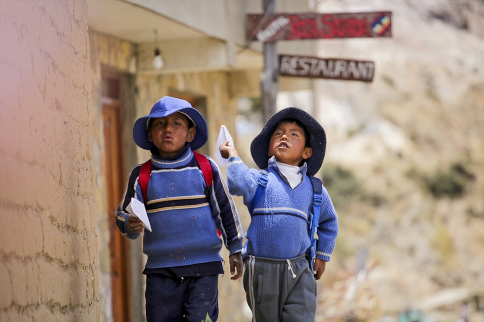 Children returning from school in Amantani Island, Titicaca Lake.