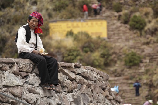 Man from Taquile Island, Titicaca. The decorated bonnet indicates he is married.