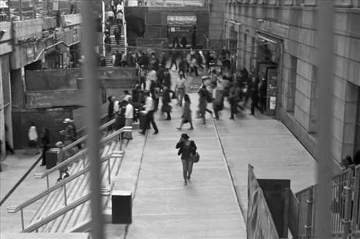 The routine threatens to imprison us if the 'day after day' quietly erodes into the 'year after year'. But as this pack moves through Union Station and into the bowels of the city, a woman successfully breaks away. She reminds us that  we can go on our own to wander or explore, stop and gain perspective, call for either new information or help if we are lost.