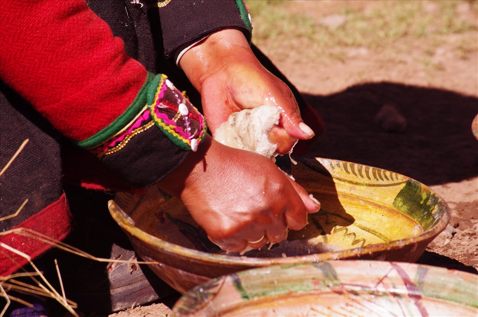 Peruvian artesans hands, washing the wool