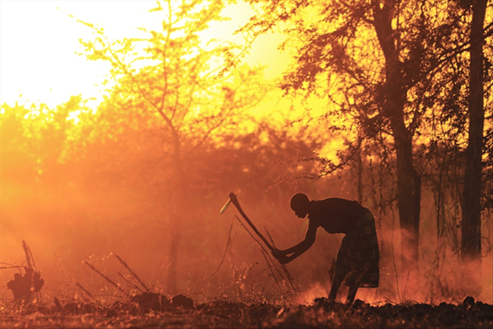Farner working the soil in Northern Uganda - both women and men work in the fields, and the work is long and arduous, often using technology which has progressed little in hundreds of years