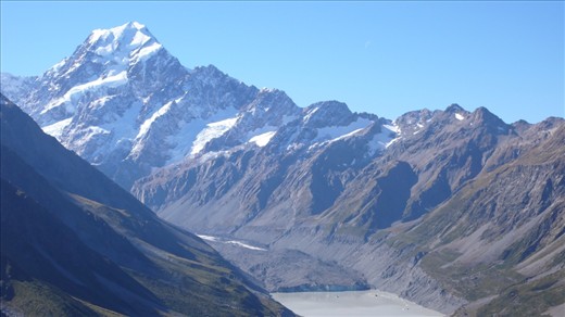 Finally we have arrived! Mt Cook off in the distance clearly the most intimidating peak. Powerfully winding down in front of the mountain a glacier carving a path in the earth although slowly receding and giving a constant reminder of our impact on the planet and its warming temperatures.