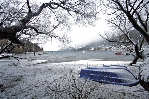 Boat upturned, The snow has set in, no fishing in Lake Wakatipu.