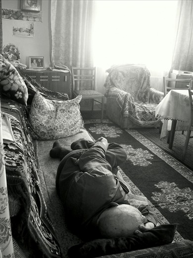 My grandfather sleeping. Every time I enter a silent room where my grandfather is sleeping, my heart misses a beat, and I bend closer to check if he is still breathing. I can only be peaceful when he resumes is reassuring snore. 