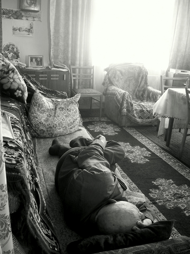 My grandfather sleeping. Every time I enter a silent room where my grandfather is sleeping, my heart misses a beat, and I bend closer to check if he is still breathing. I can only be peaceful when he resumes is reassuring snore. 